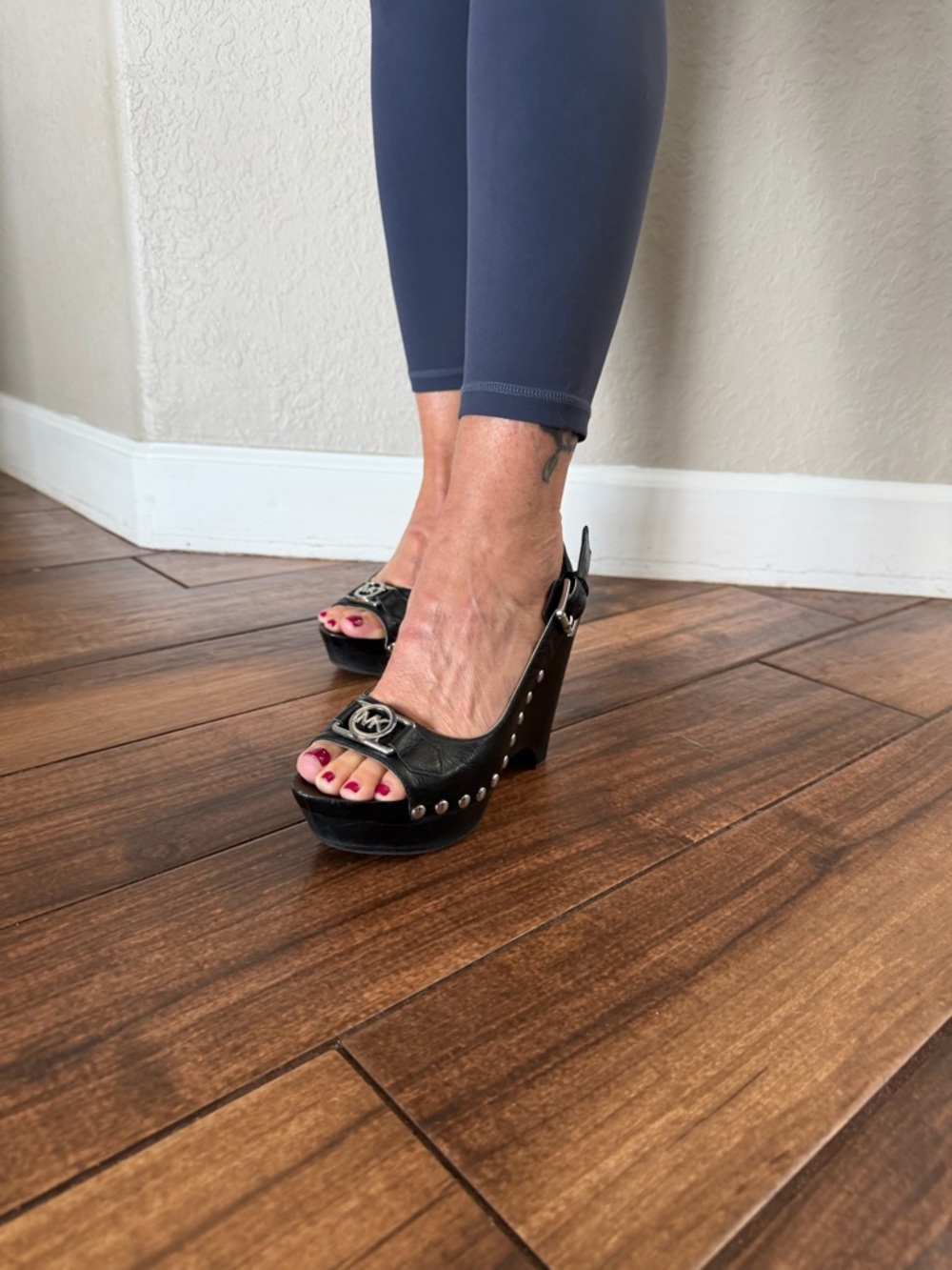 Michael Kors Black Leather Studded Platform Wedge Sandals with MK Buckle - Picture 4 of 4